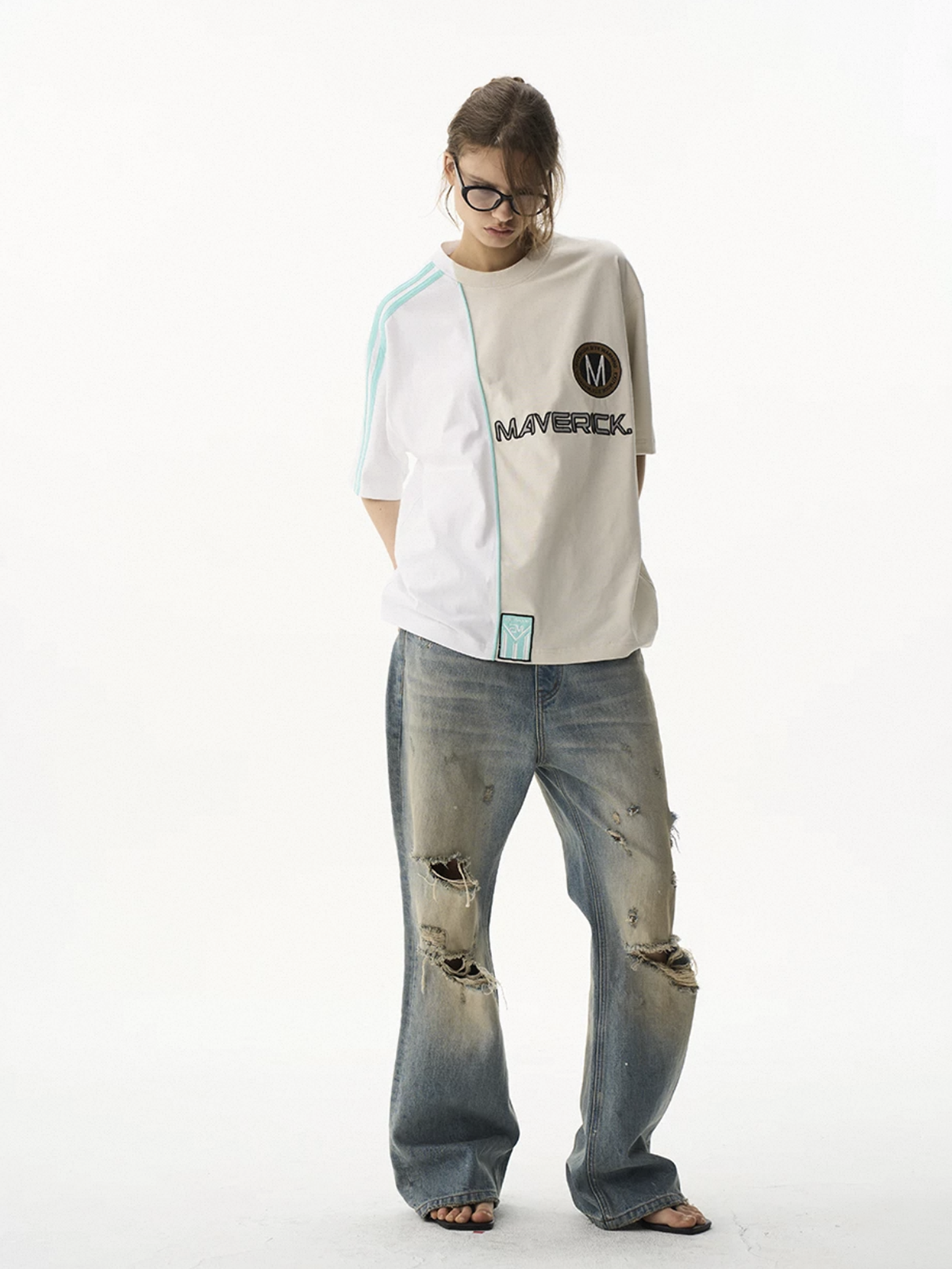 Brick Lane Baggy Contrast Color Graphic Relaxed Tee - Apricot