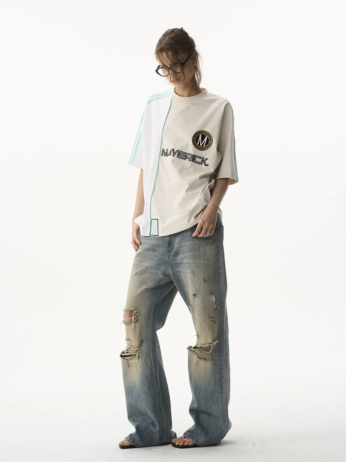 Brick Lane Baggy Contrast Color Graphic Relaxed Tee - Apricot