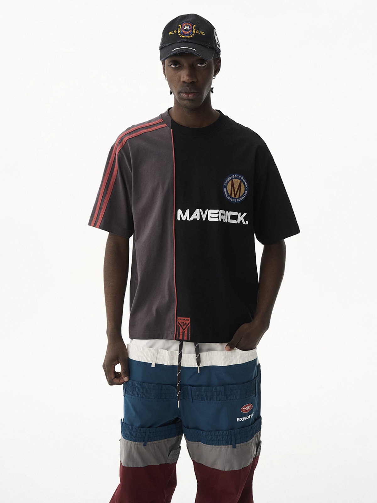Brick Lane Baggy Contrast Color Patchwork Relaxed Tee - Coffee