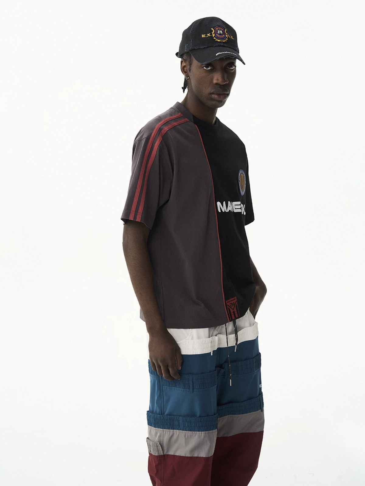 Brick Lane Baggy Contrast Color Patchwork Relaxed Tee - Coffee