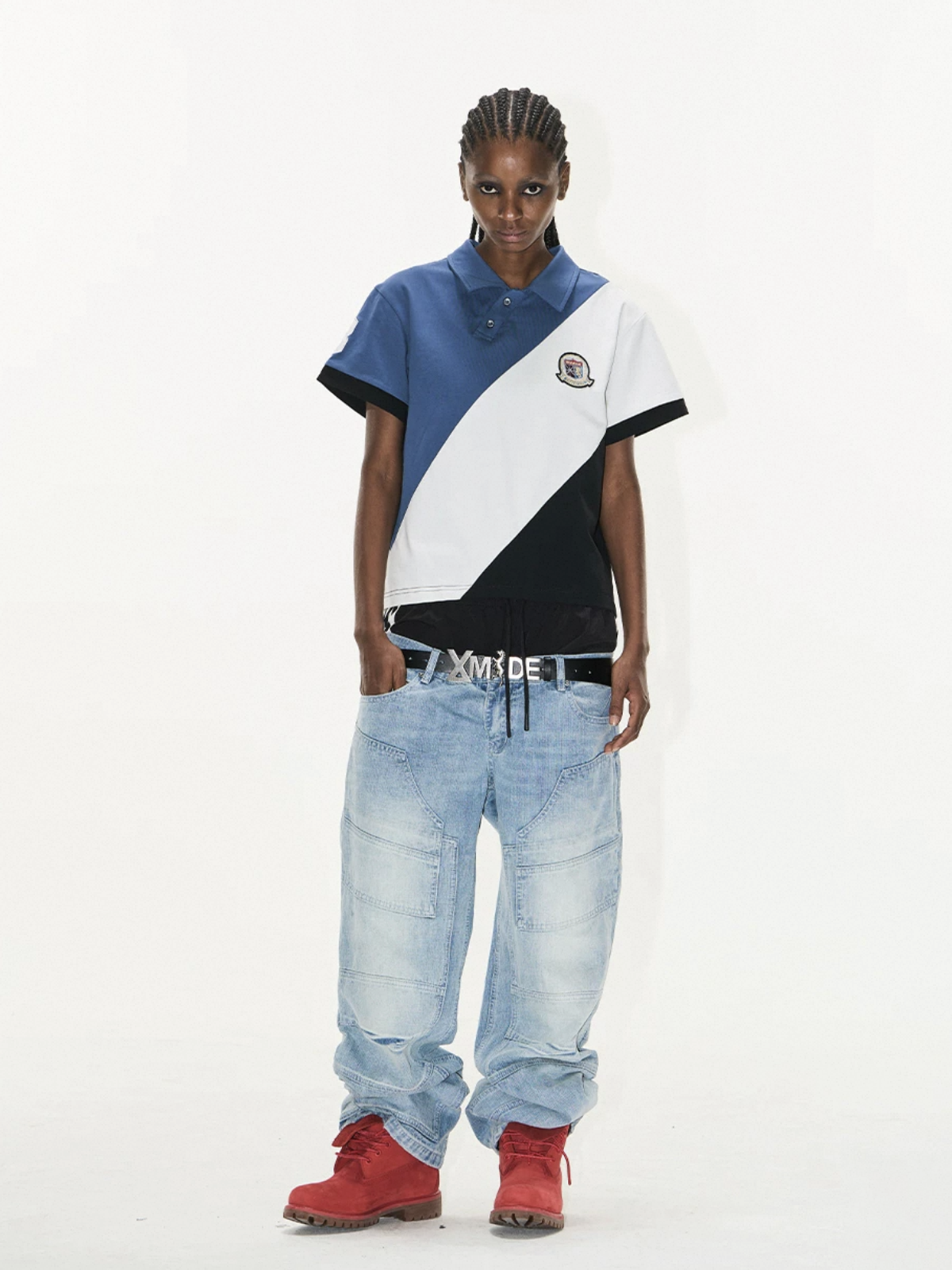 Brick Lane Baggy Contrast Color Diagonal Patchwork Polo - Blue/White