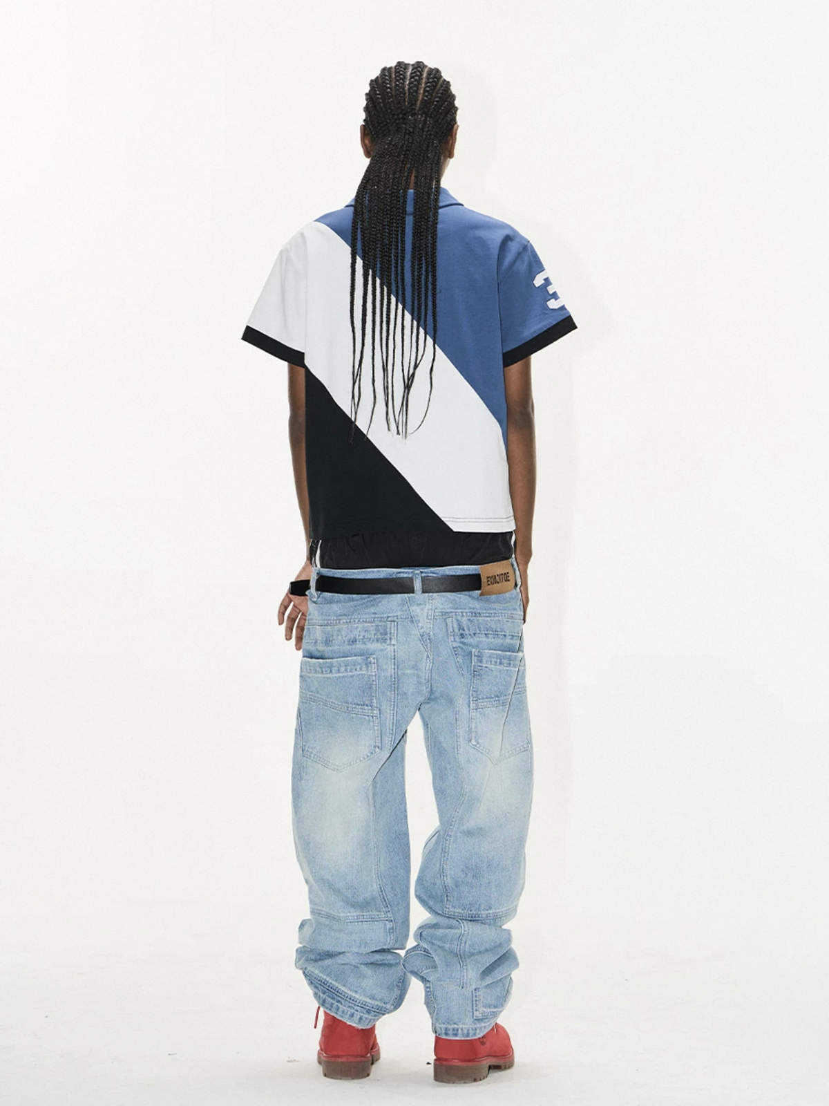 Brick Lane Baggy Contrast Color Diagonal Patchwork Polo - Blue/White