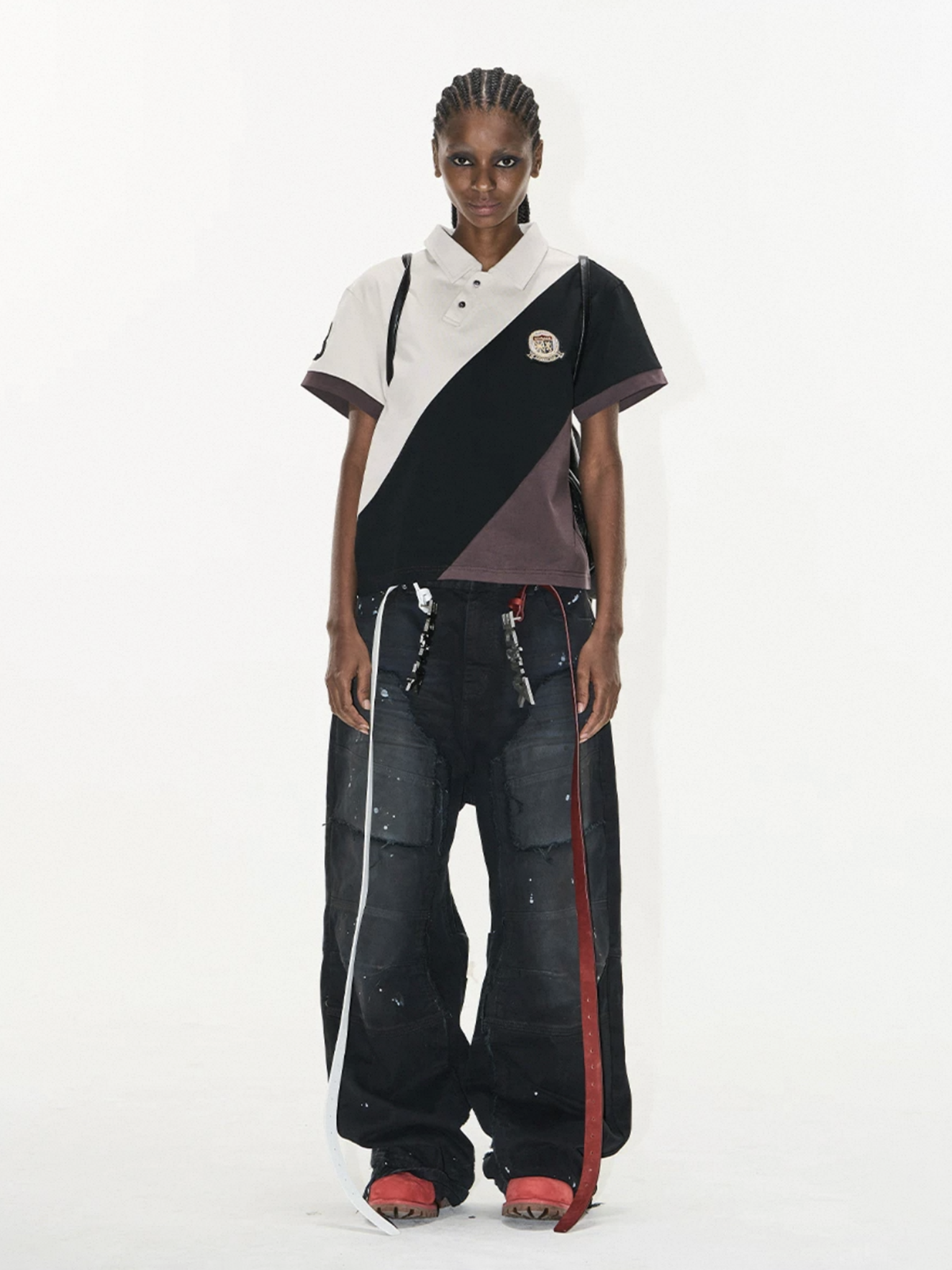Brick Lane Baggy Contrast Color Diagonal Patchwork Polo - Brown/Black