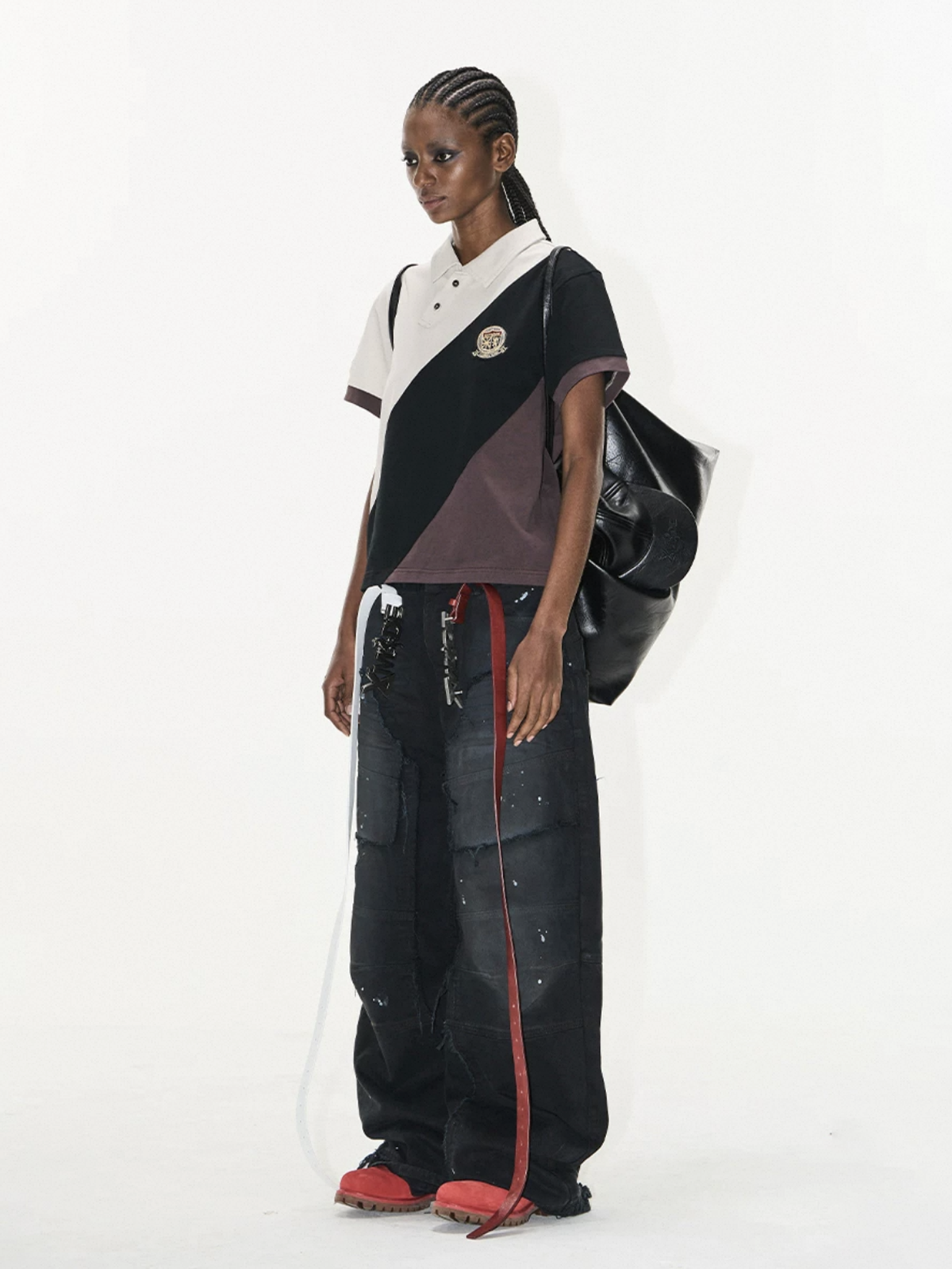 Brick Lane Baggy Contrast Color Diagonal Patchwork Polo - Brown/Black