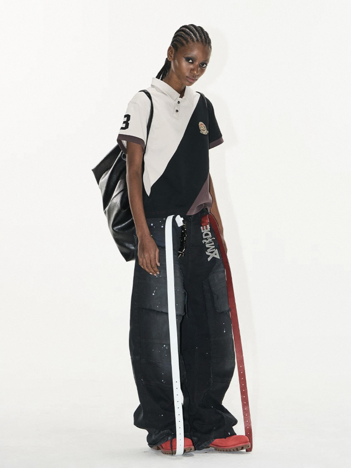 Brick Lane Baggy Contrast Color Diagonal Patchwork Polo - Brown/Black