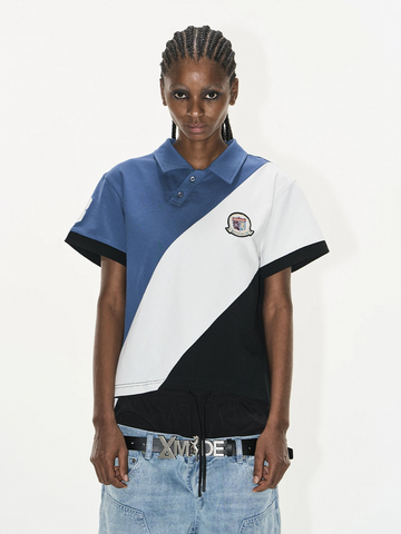Brick Lane Baggy Contrast Color Diagonal Patchwork Polo - Blue/White