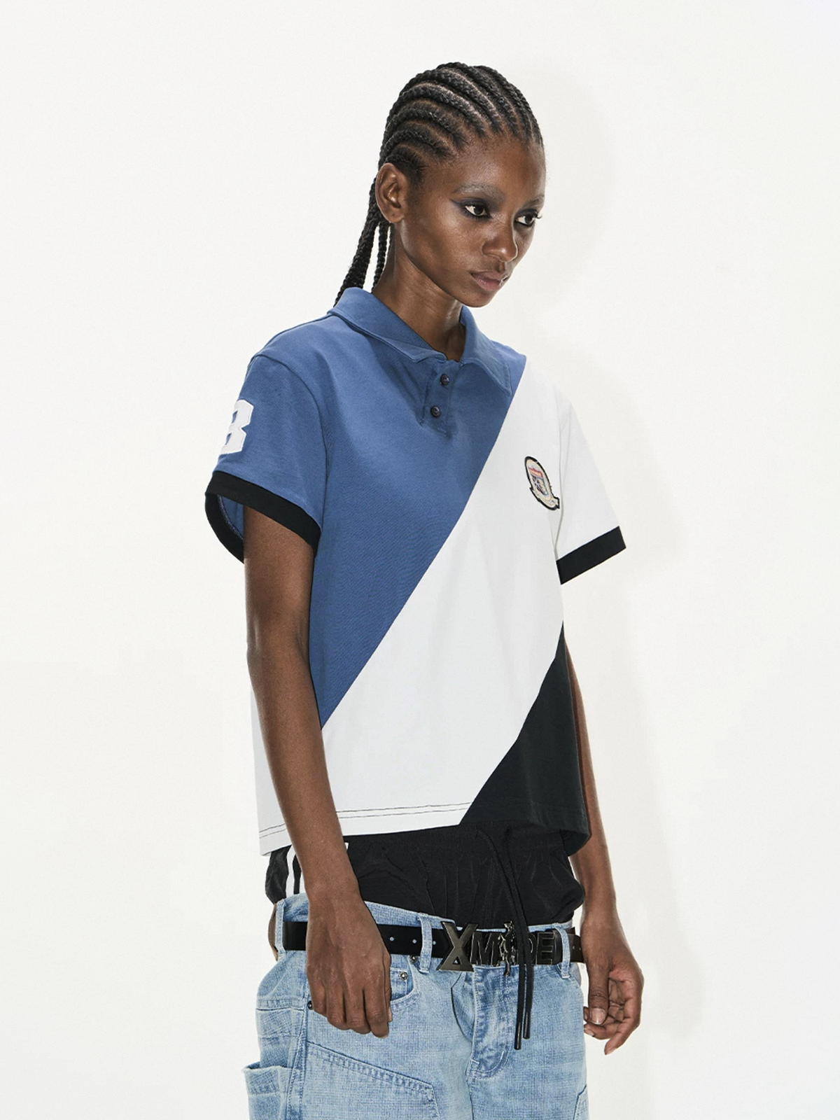 Brick Lane Baggy Contrast Color Diagonal Patchwork Polo - Blue/White