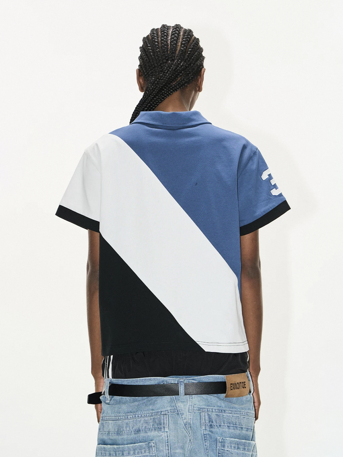 Brick Lane Baggy Contrast Color Diagonal Patchwork Polo - Blue/White