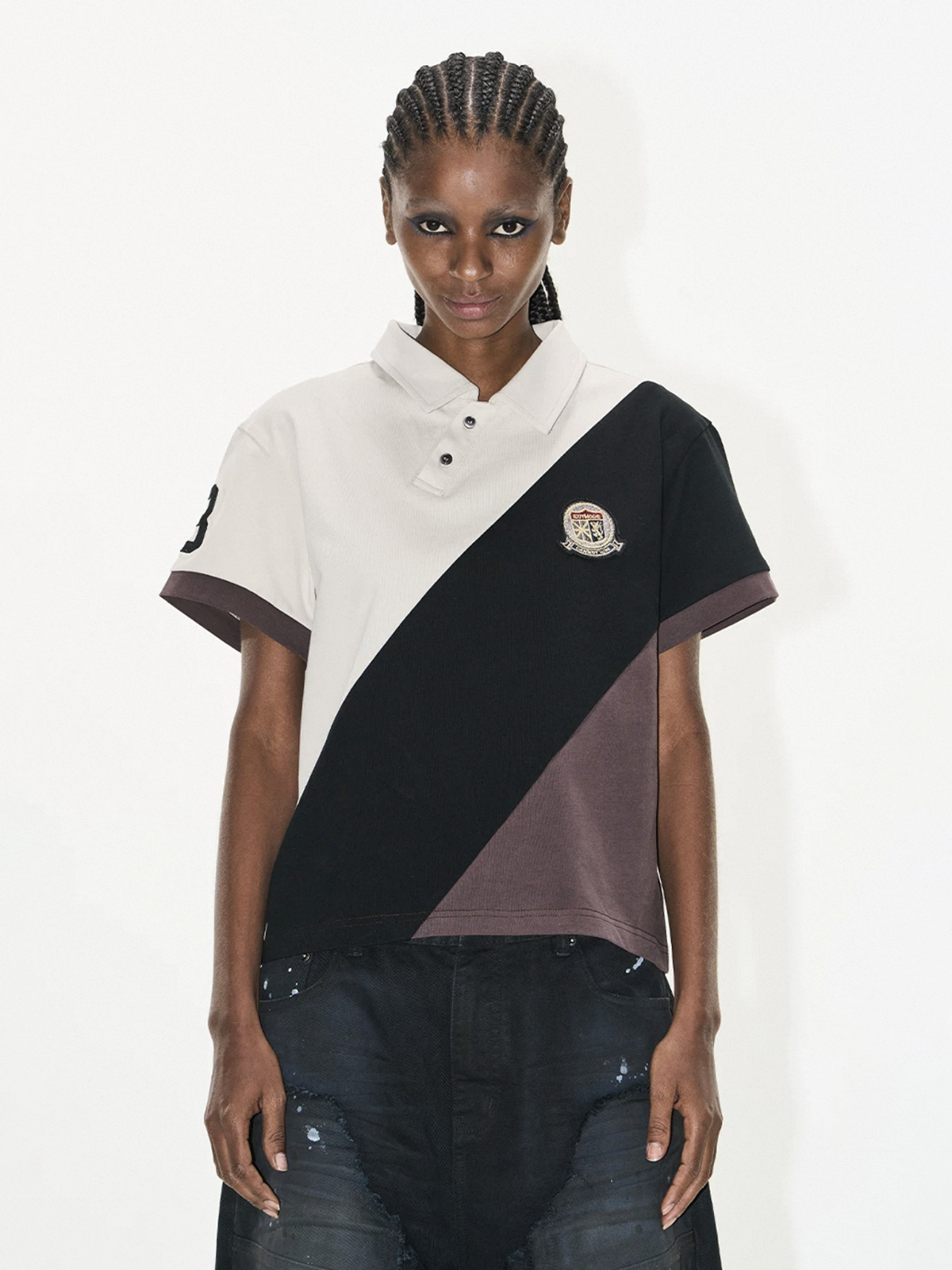 Brick Lane Baggy Contrast Color Diagonal Patchwork Polo - Brown/Black