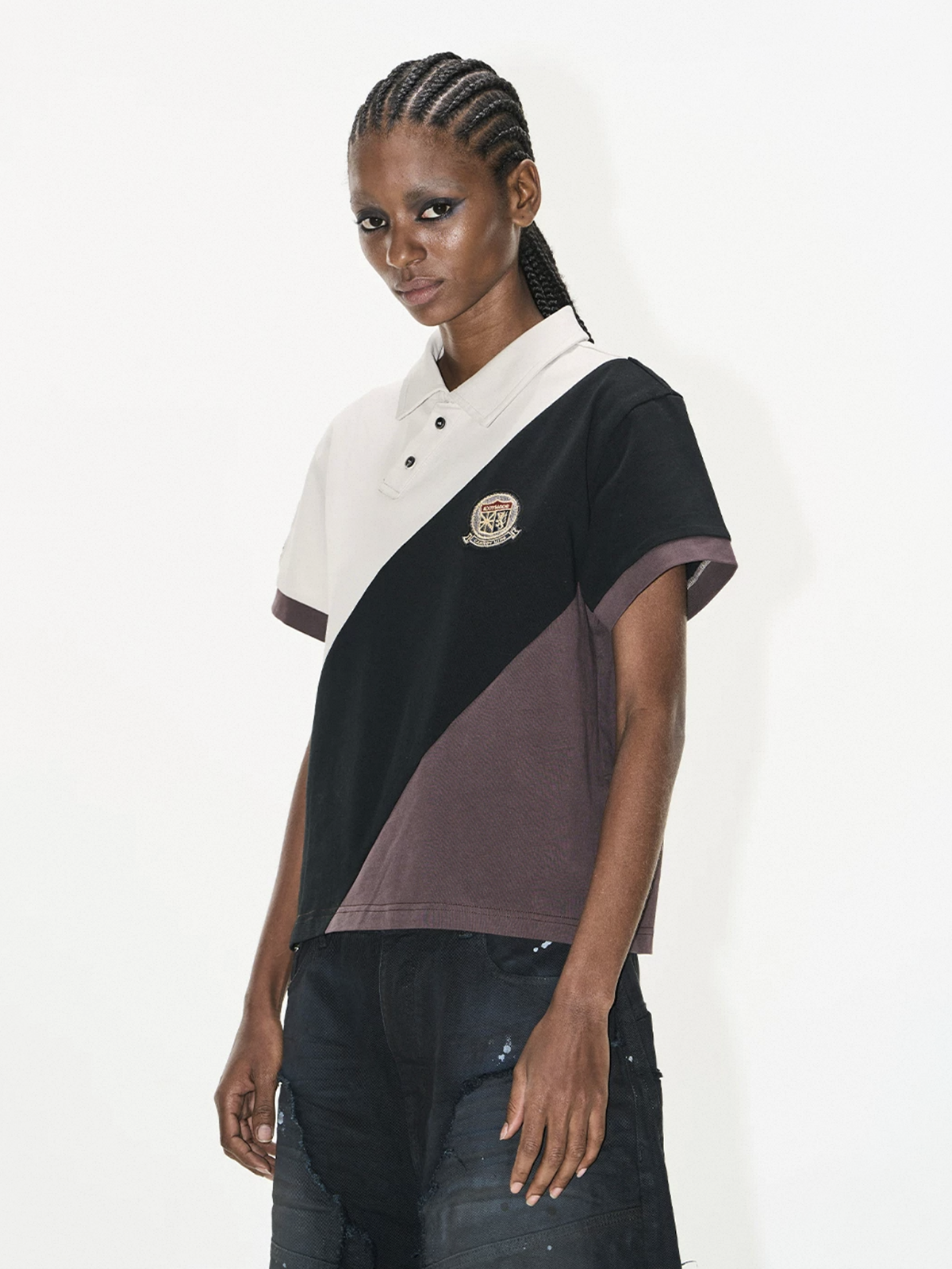 Brick Lane Baggy Contrast Color Diagonal Patchwork Polo - Brown/Black