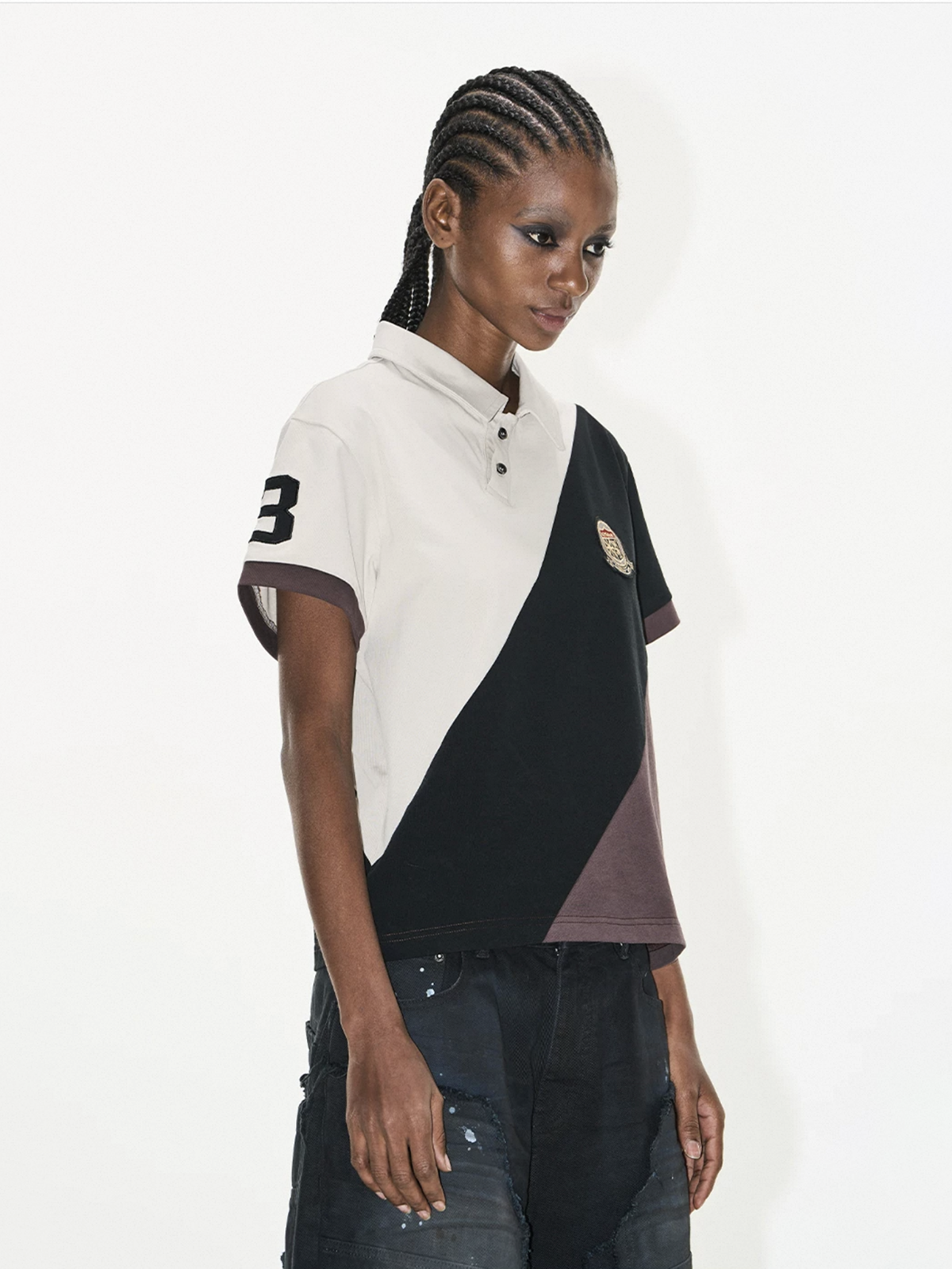 Brick Lane Baggy Contrast Color Diagonal Patchwork Polo - Brown/Black