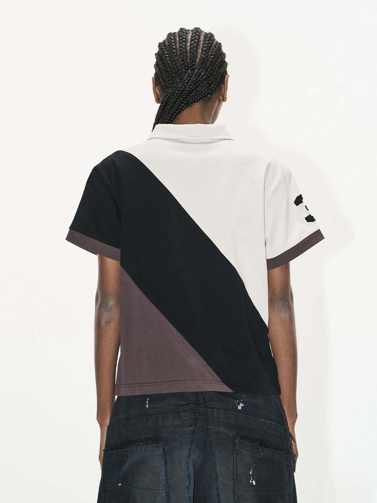 Brick Lane Baggy Contrast Color Diagonal Patchwork Polo - Brown/Black