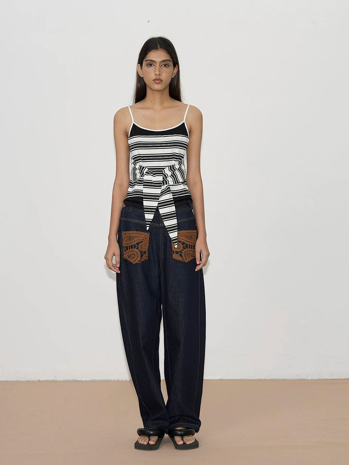 Brick Lane Layered-look Stripe Detailed Cami Top - Mono