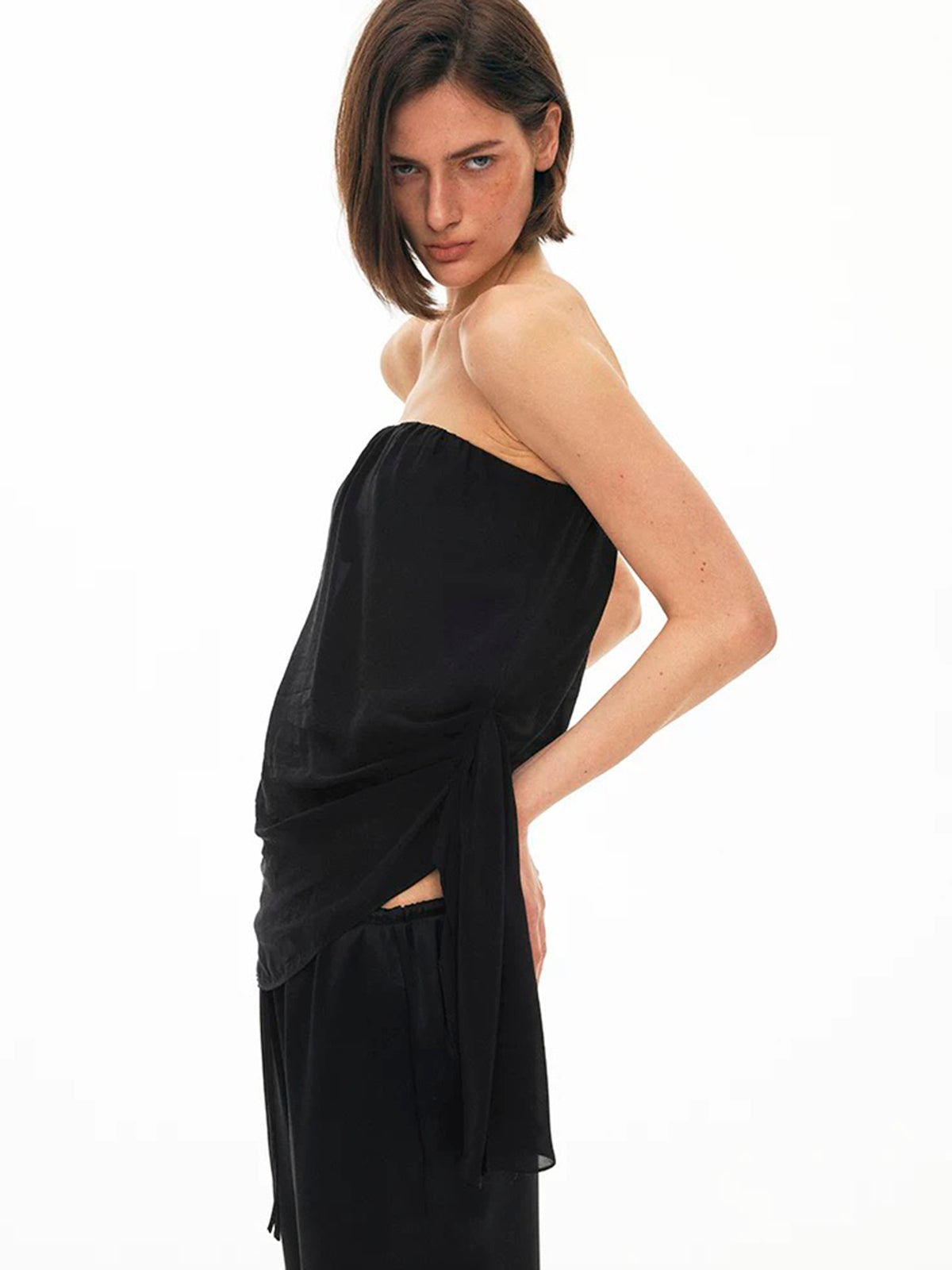 Dolled Office Asymmetric Mesh Patchwork Fitted Top - Black