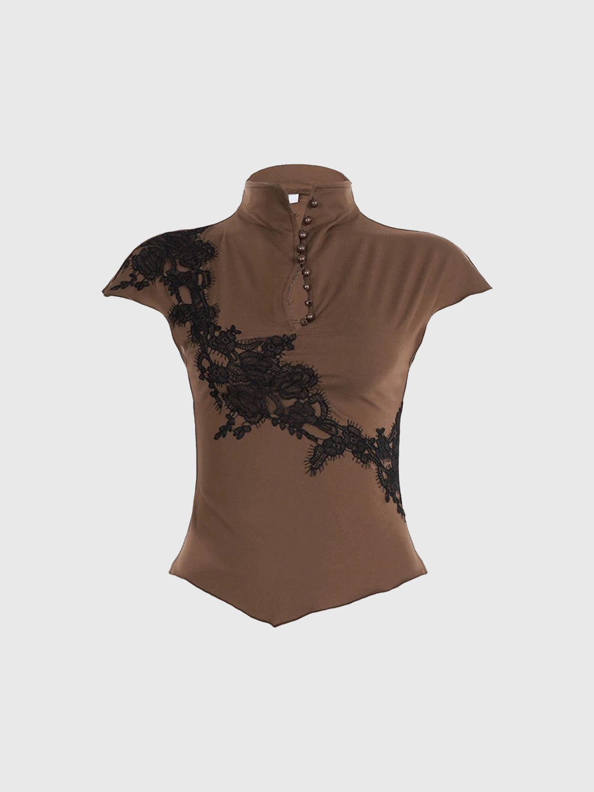 Brick Lane Skimming Lace Detailed Patchwork Tee - Coffee