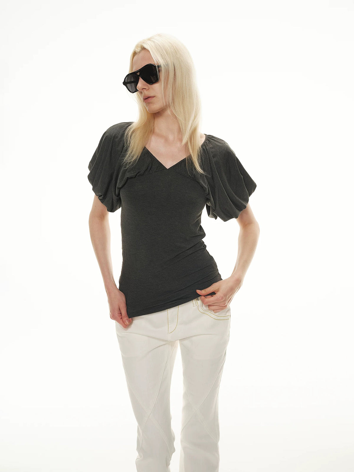 Brick Lane Puff Sleeve Fitted Graphic Top - Black