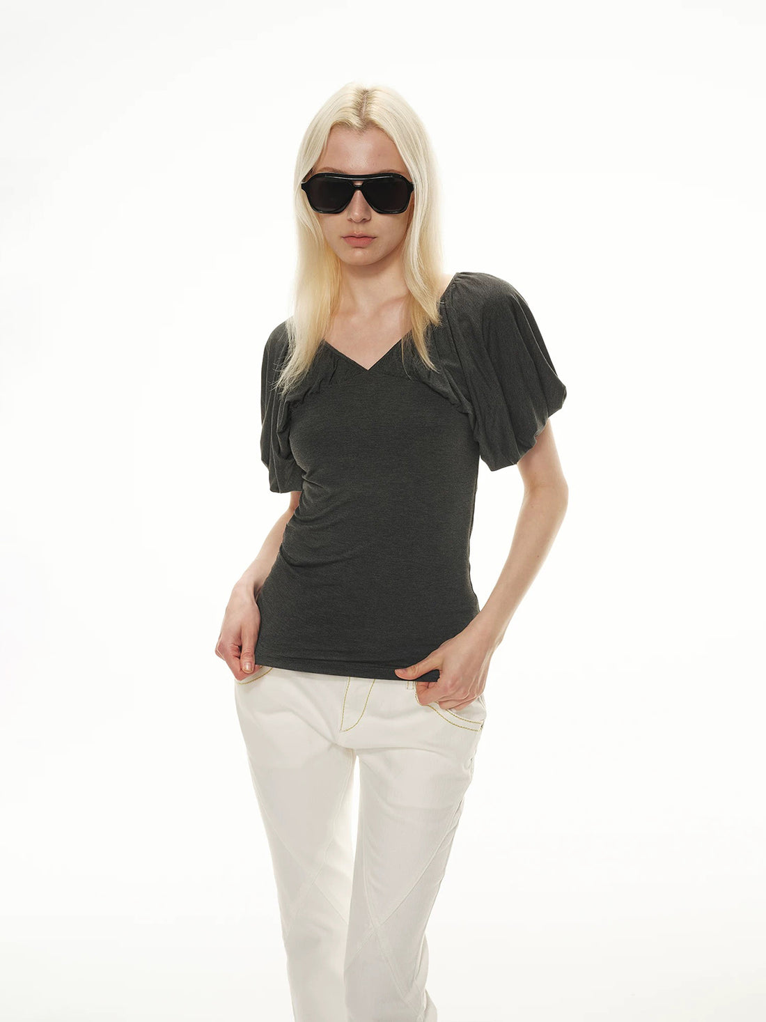 Brick Lane Puff Sleeve Fitted Graphic Top - Black