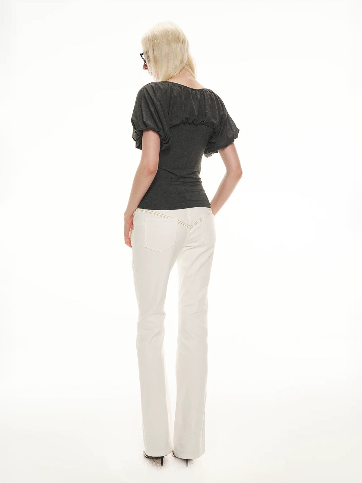 Brick Lane Puff Sleeve Fitted Graphic Top - Black
