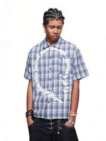Co-ed Dorm Baggy Check Plaid Short Sleeve Top - Blue