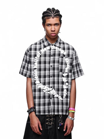 Co-ed Dorm Baggy Check Plaid Short Sleeve Top - Black