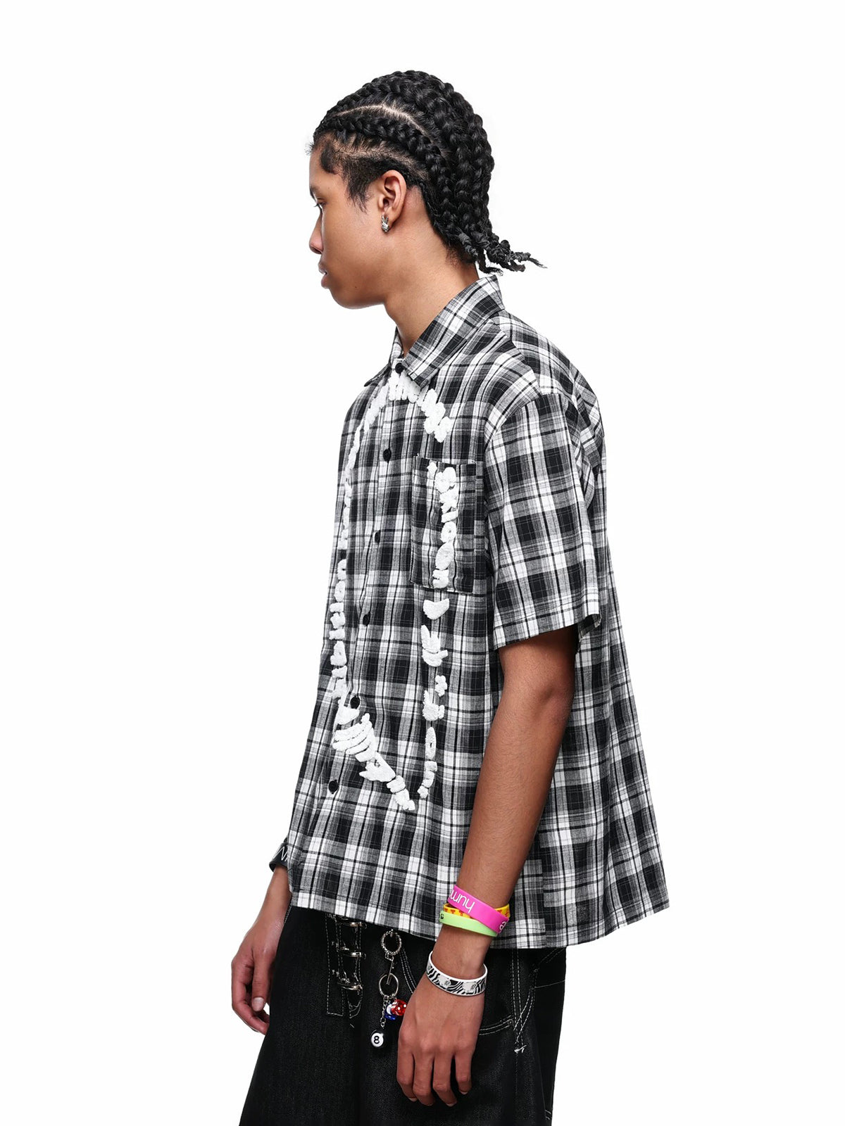 Co-ed Dorm Baggy Check Plaid Short Sleeve Top - Black