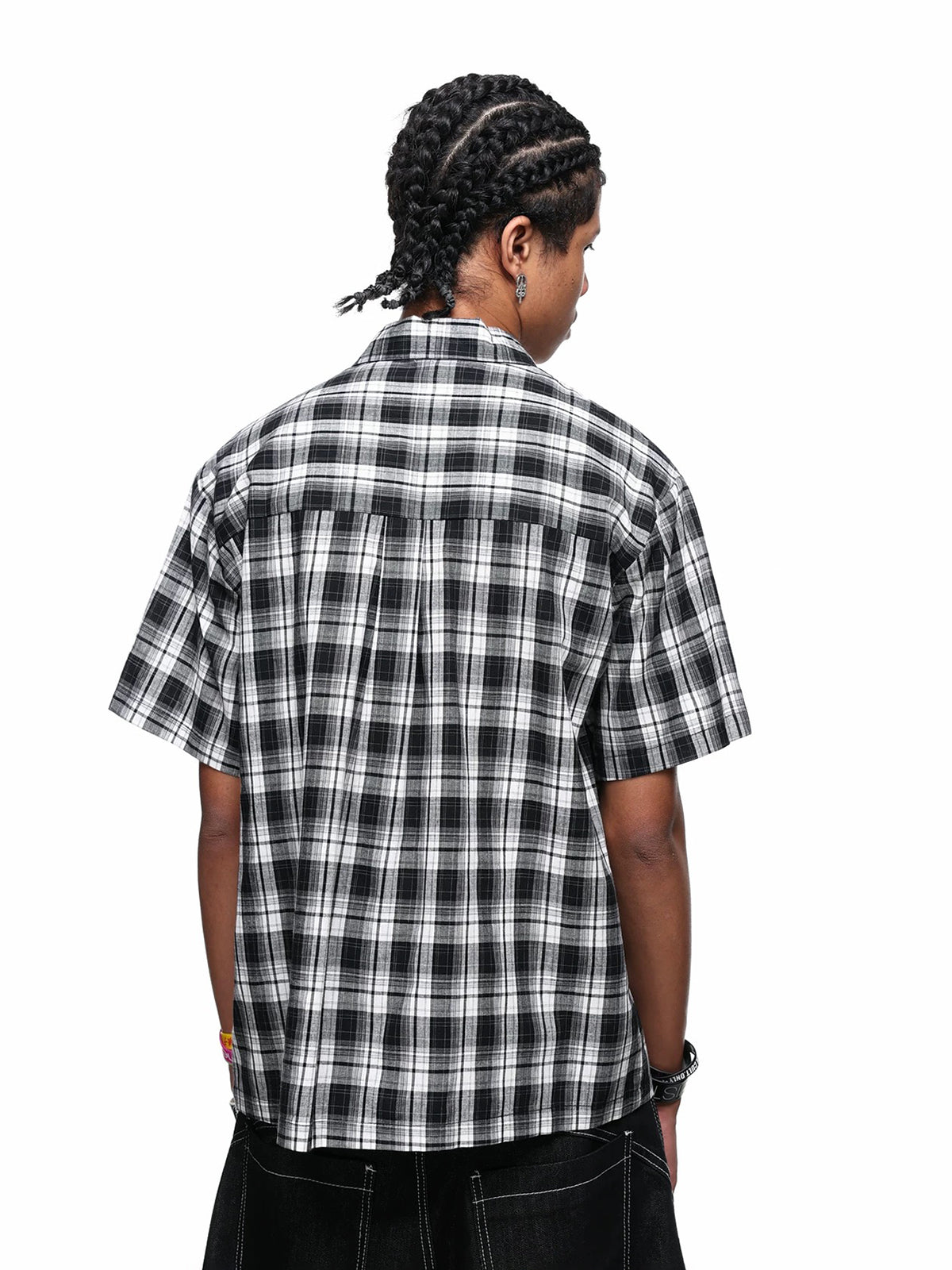 Co-ed Dorm Baggy Check Plaid Short Sleeve Top - Black