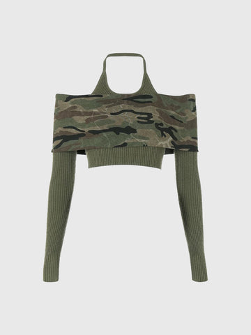 Brick Lane Layered-look Camouflage Off-shoulder Top - Camo