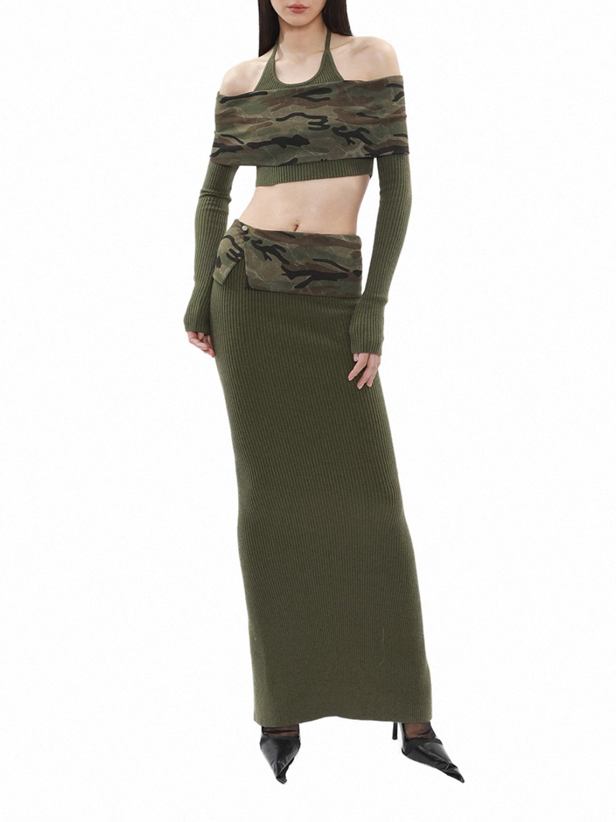 Brick Lane Layered-look Camouflage Off-shoulder Top - Camo