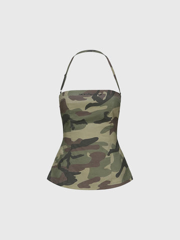 Brick Lane Halter Camouflage Backless Crop Top - Camo