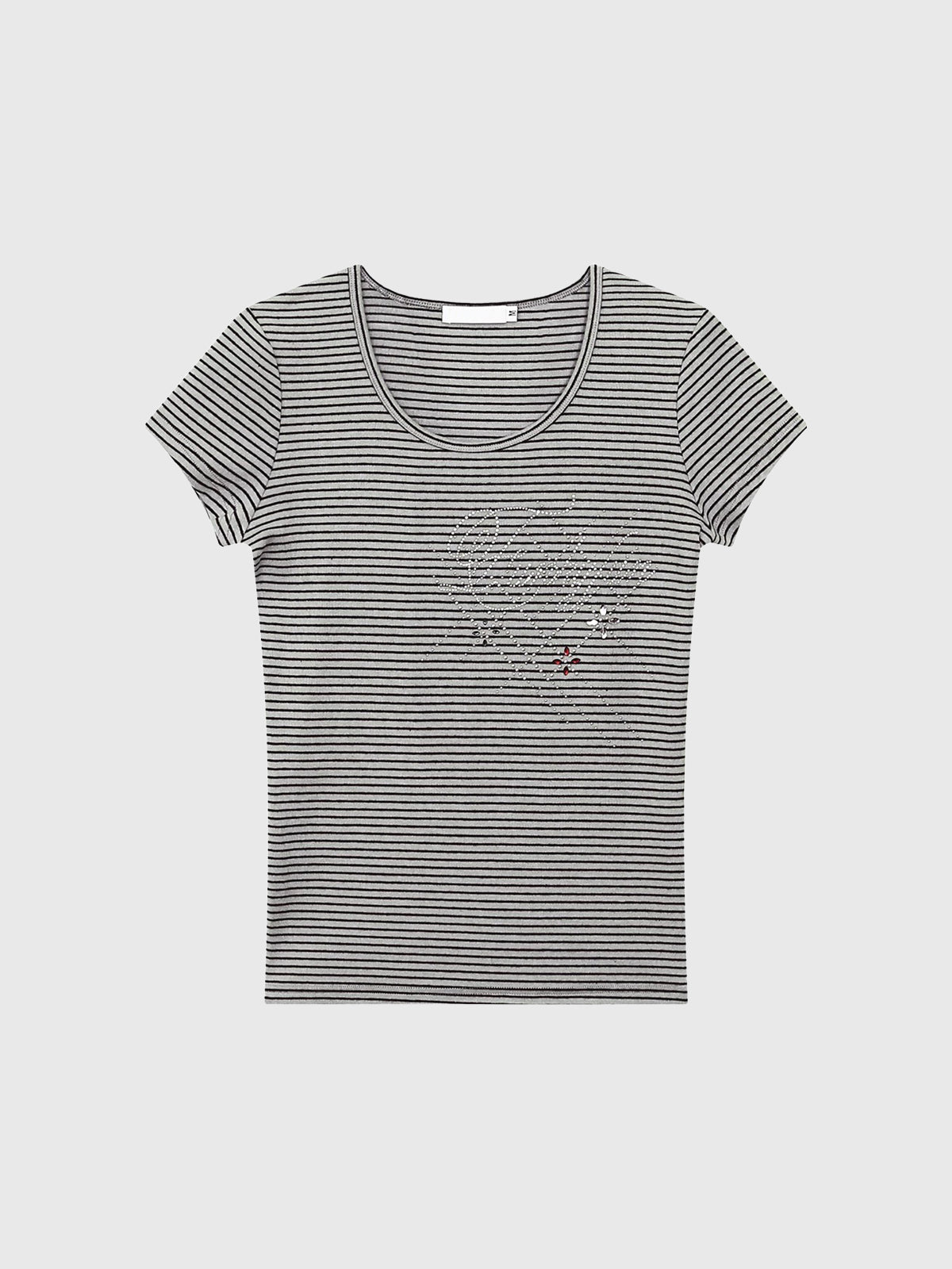 Brick Lane Skimming Rhinestone Stripe Fitted Tee - Grey