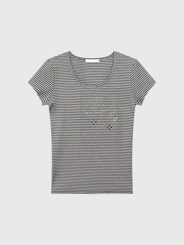 Brick Lane Skimming Rhinestone Stripe Fitted Tee - Grey