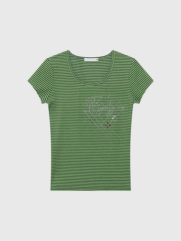 Brick Lane Skimming Rhinestone Stripe Fitted Tee - Green