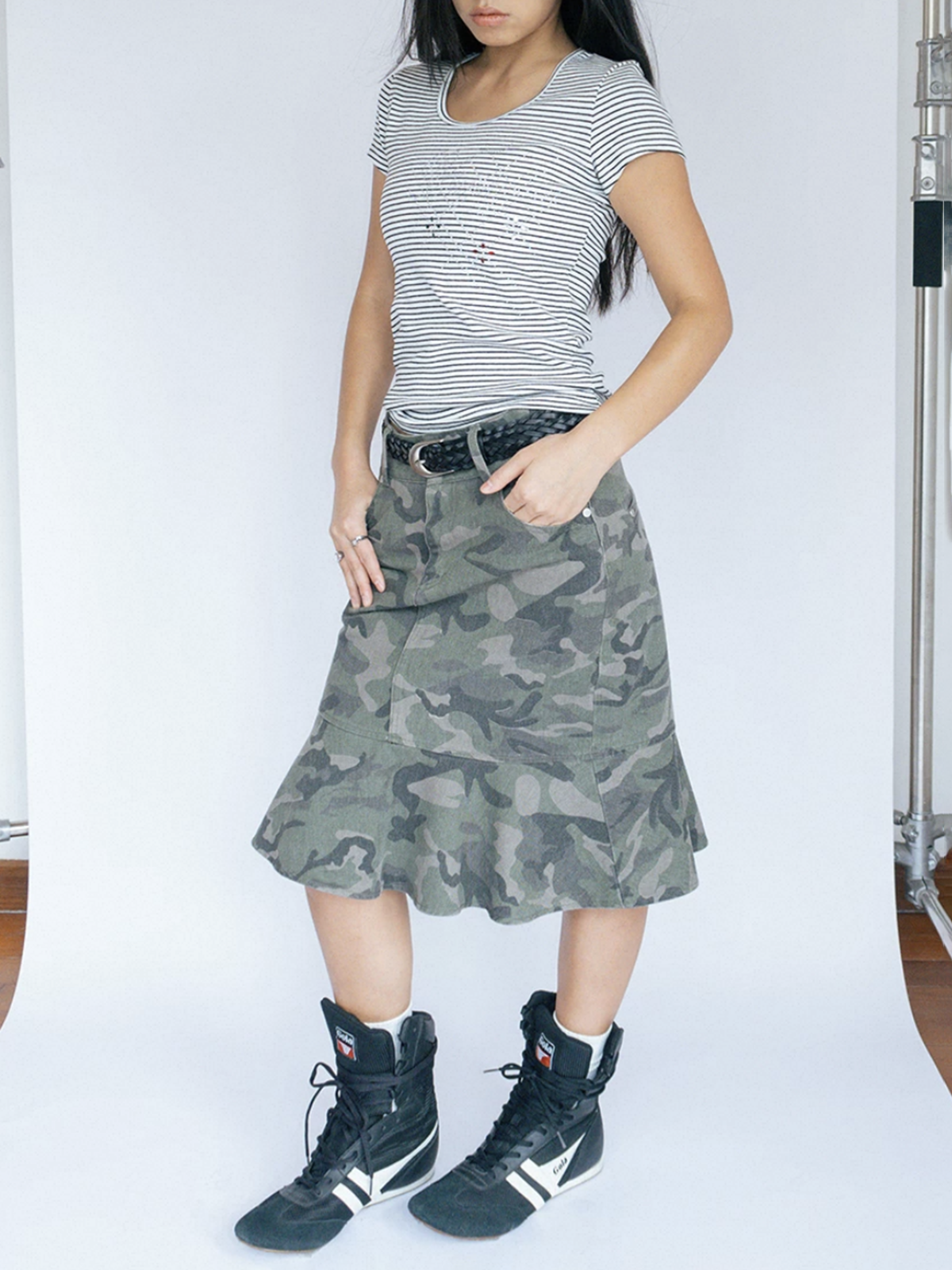Brick Lane Skimming Rhinestone Stripe Fitted Tee - Grey
