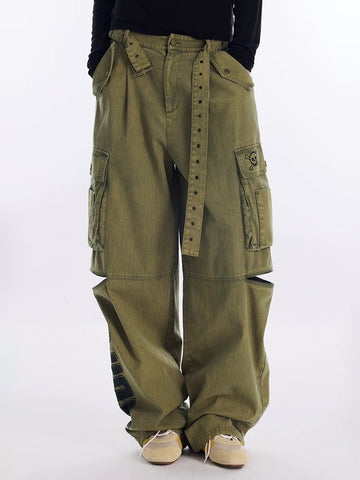 Brick Lane Embroidered Graphic Relaxed Utility Pants - Khaki