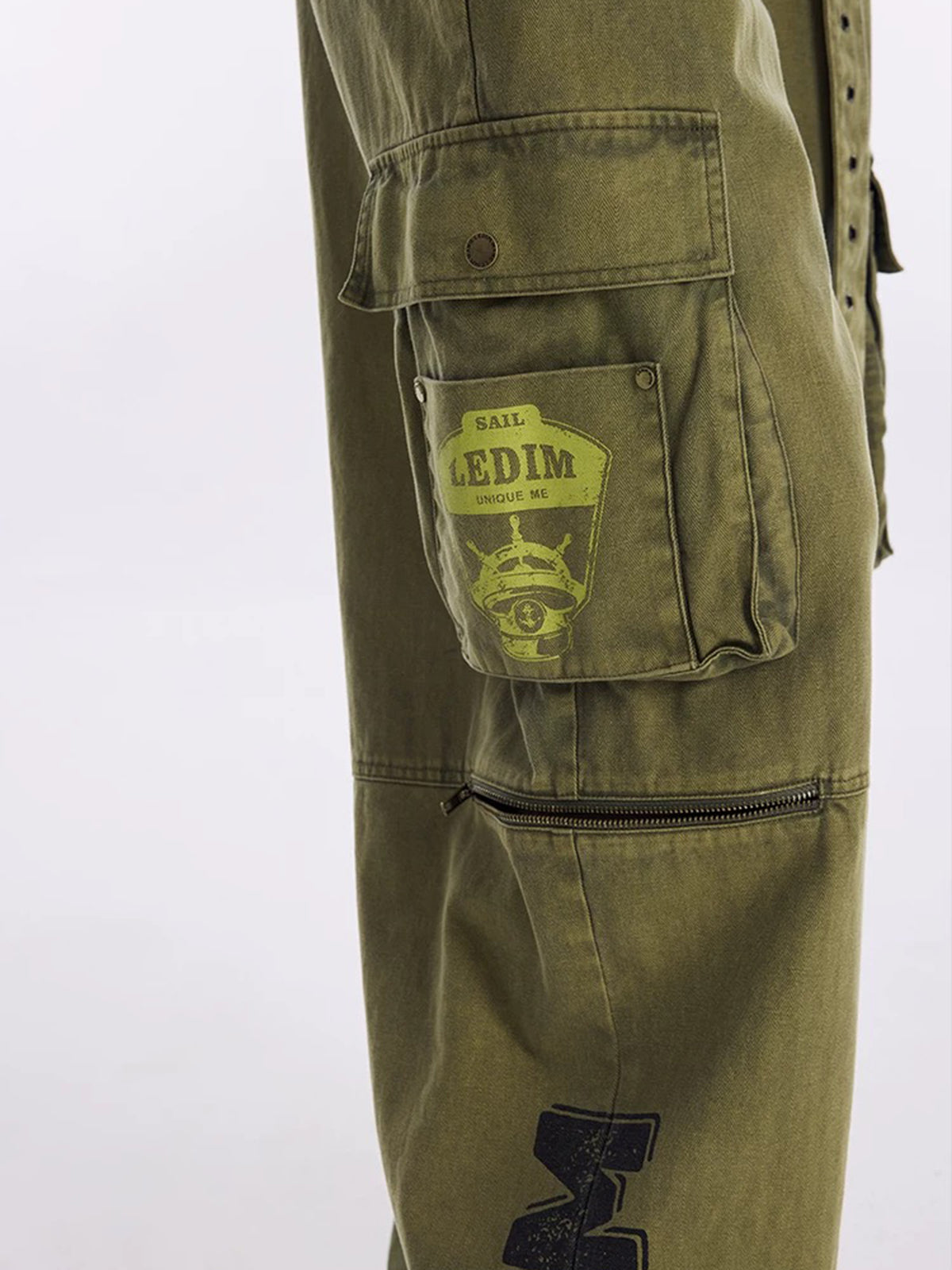 Brick Lane Embroidered Graphic Relaxed Utility Pants - Khaki