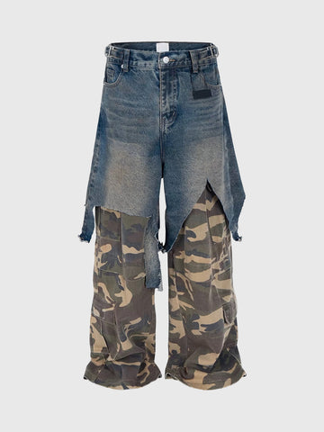 Brick Lane Layered-look Camouflage Contrast Color Utility Pants - Blue/Camo