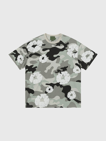 Brick Lane Baggy Flowers Camouflage Contrast Color Tee - Grey/Camo