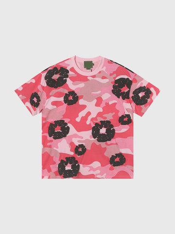 Brick Lane Baggy Flowers Camouflage Contrast Color Tee - Hot Pink