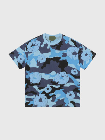 Brick Lane Baggy Flowers Camouflage Contrast Color Tee - Lake Blue