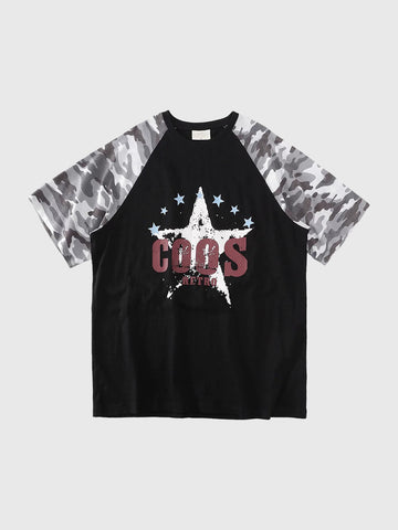 Brick Lane Baggy Star Camouflage Patchwork Tee - Black