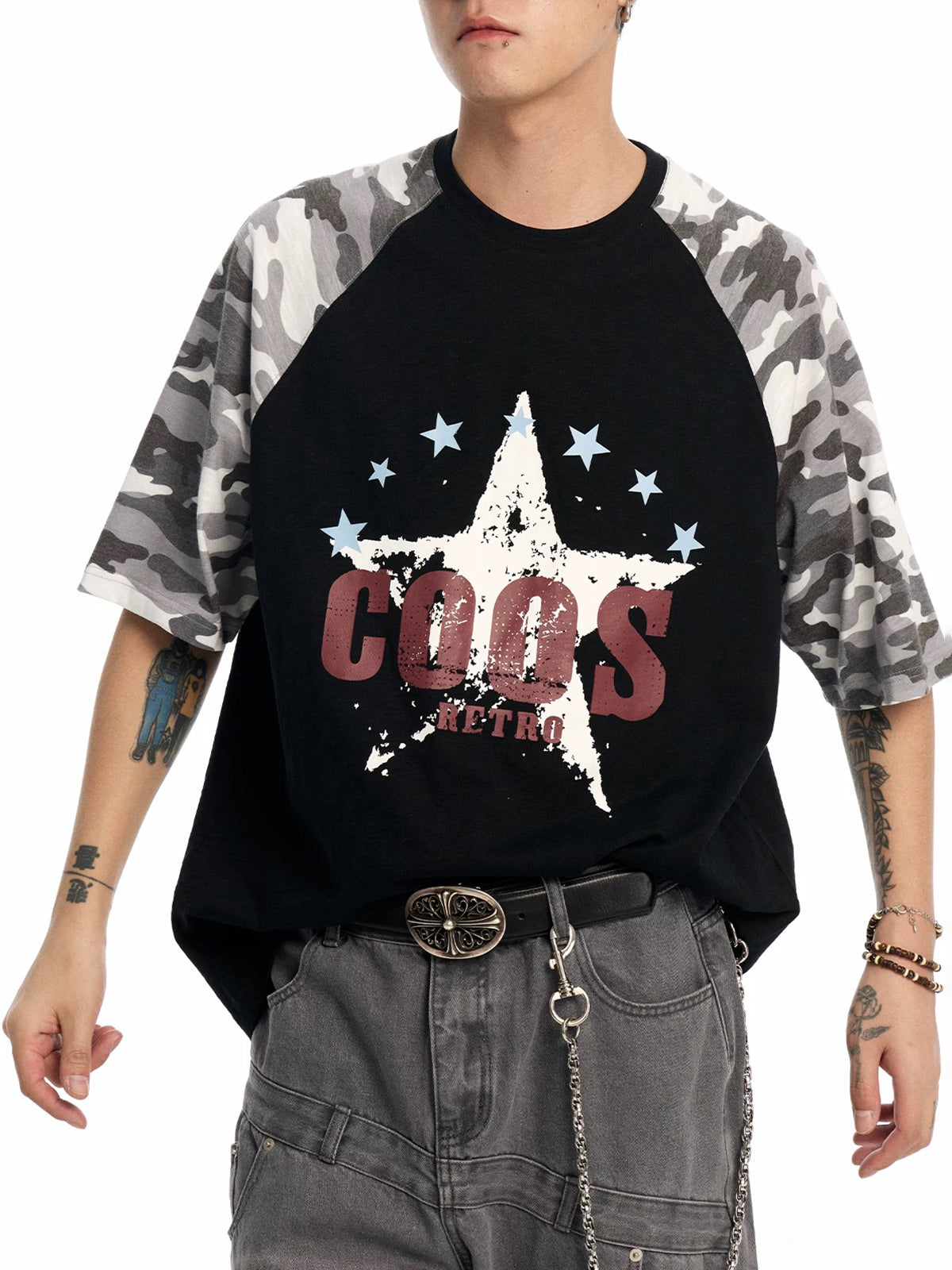 Brick Lane Baggy Star Camouflage Patchwork Tee - Black