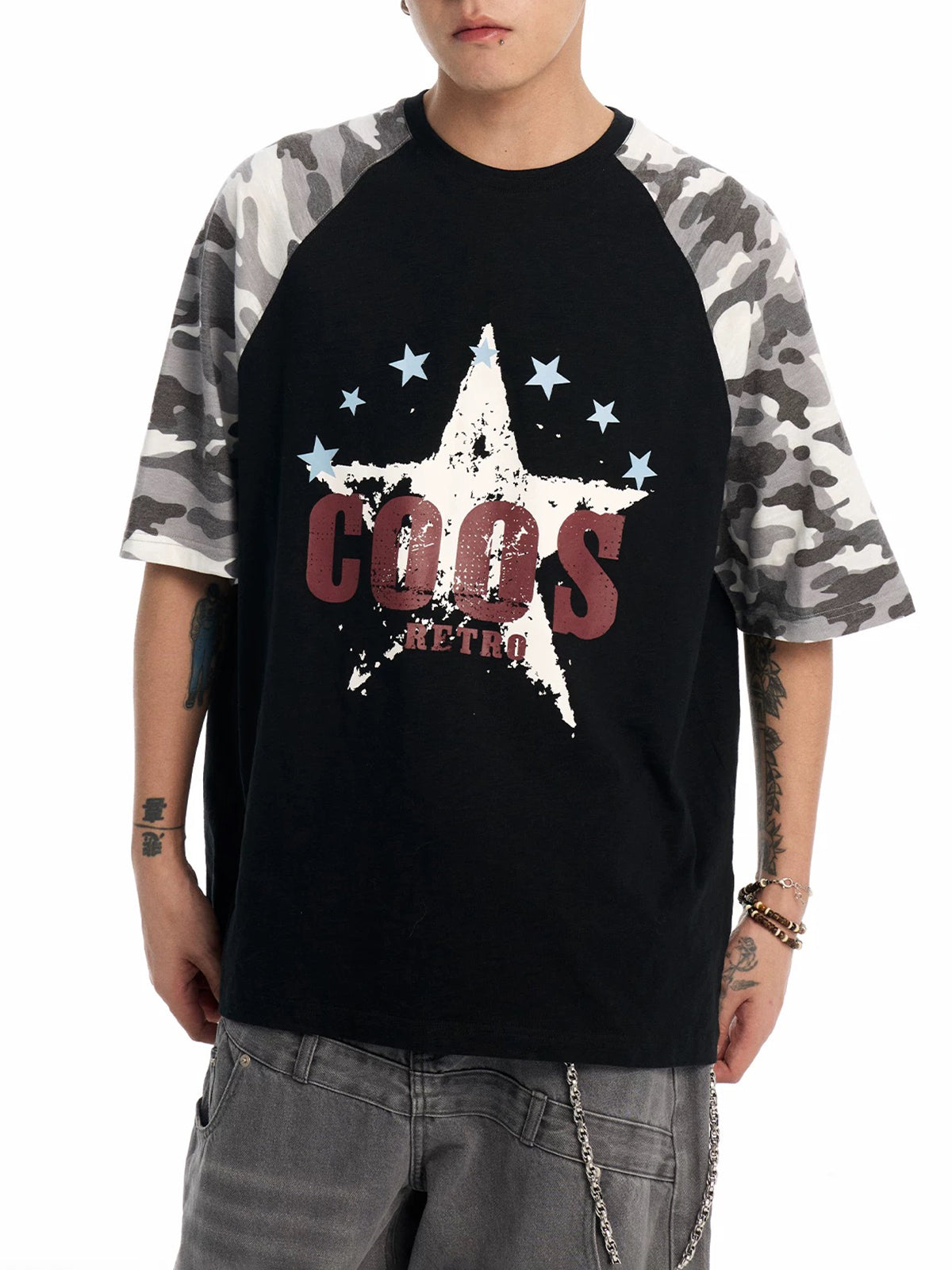 Brick Lane Baggy Star Camouflage Patchwork Tee - Black