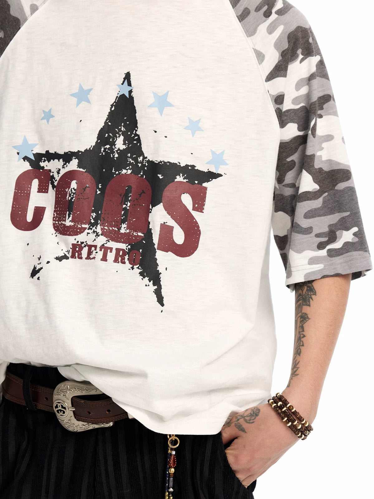 Brick Lane Baggy Star Camouflage Patchwork Tee - White