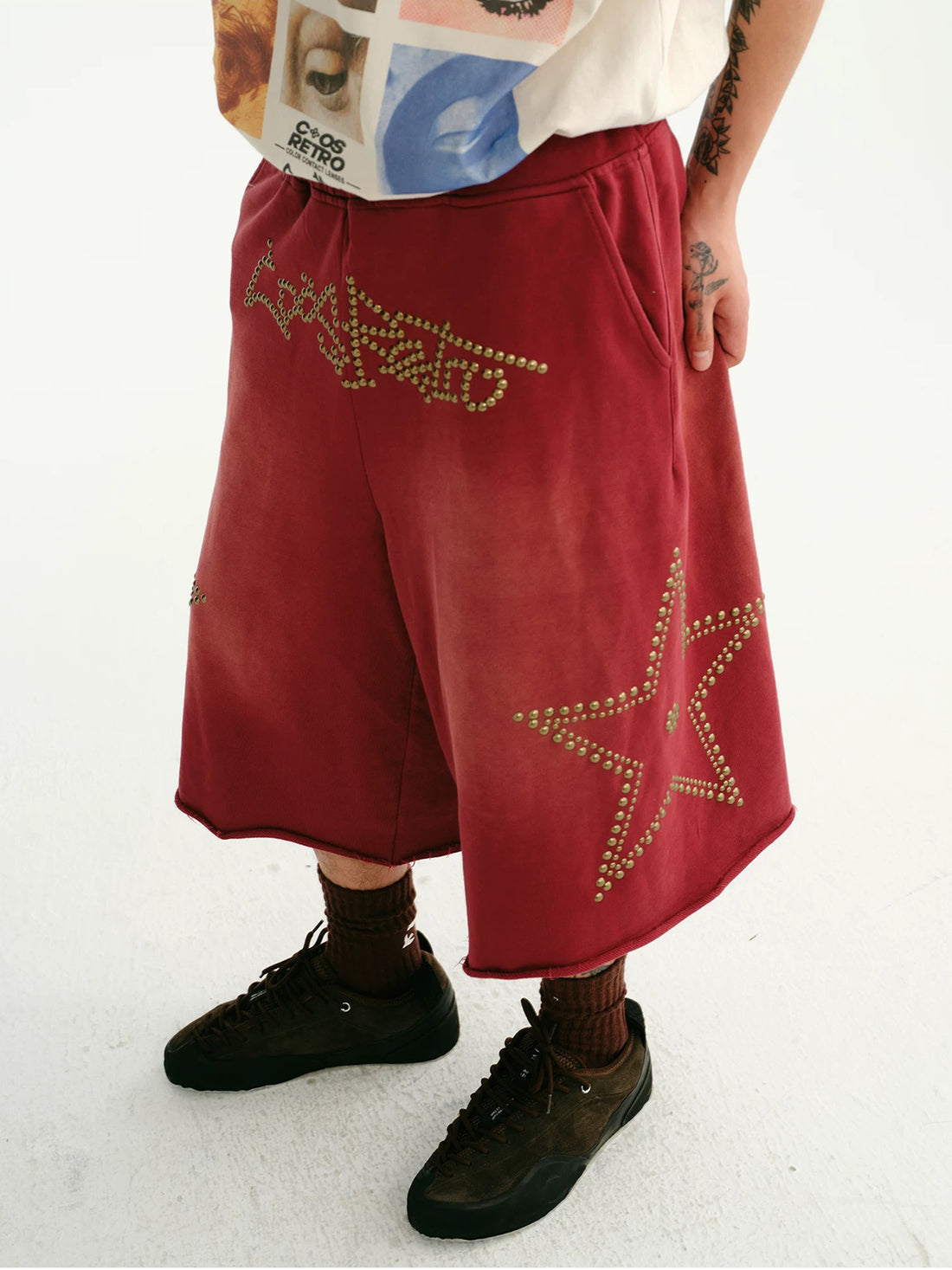 Brick Lane Wide-leg Star Graphic Relaxed Jorts - Red