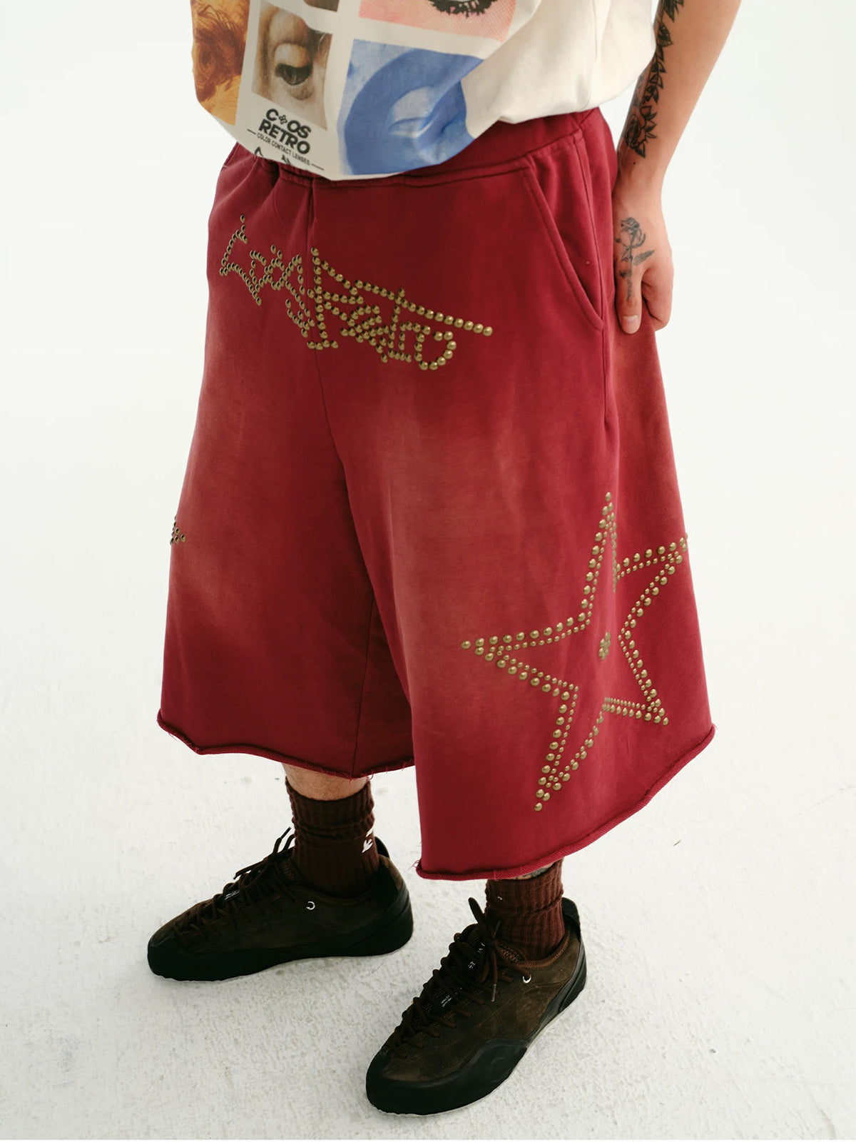 Brick Lane Wide-leg Star Graphic Relaxed Jorts - Red