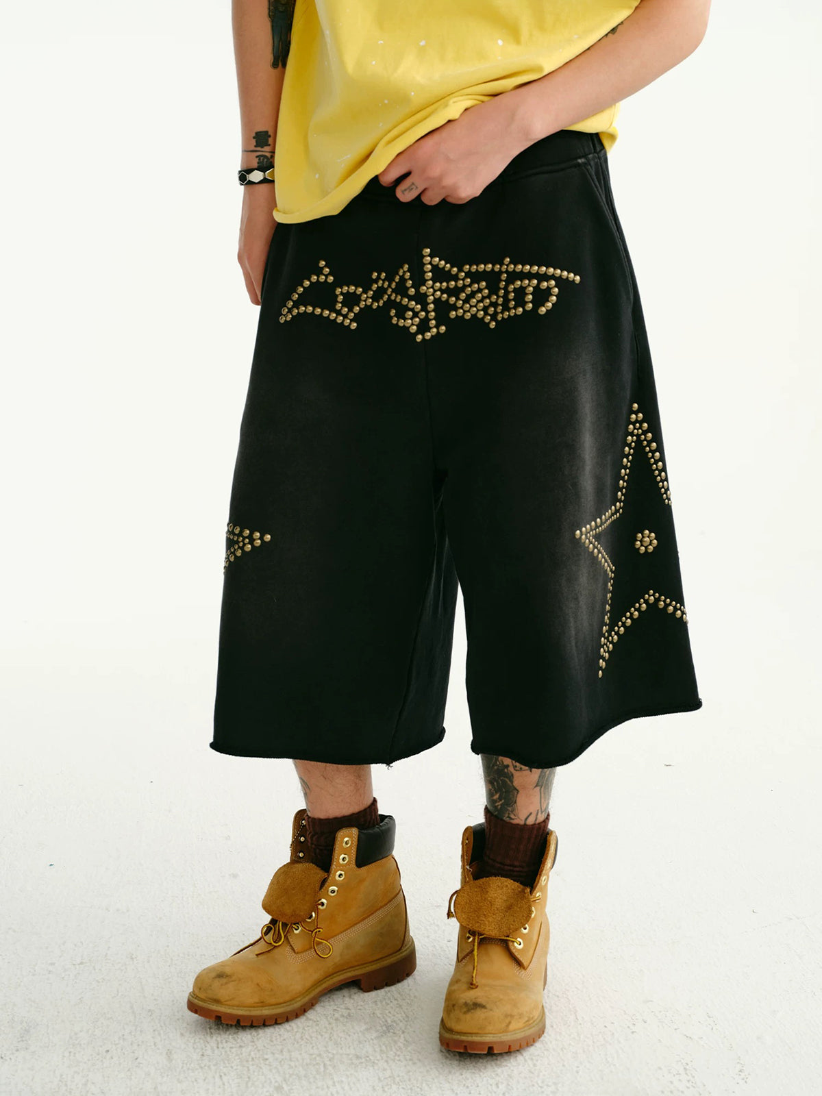 Brick Lane Wide-leg Star Graphic Relaxed Jorts - Black