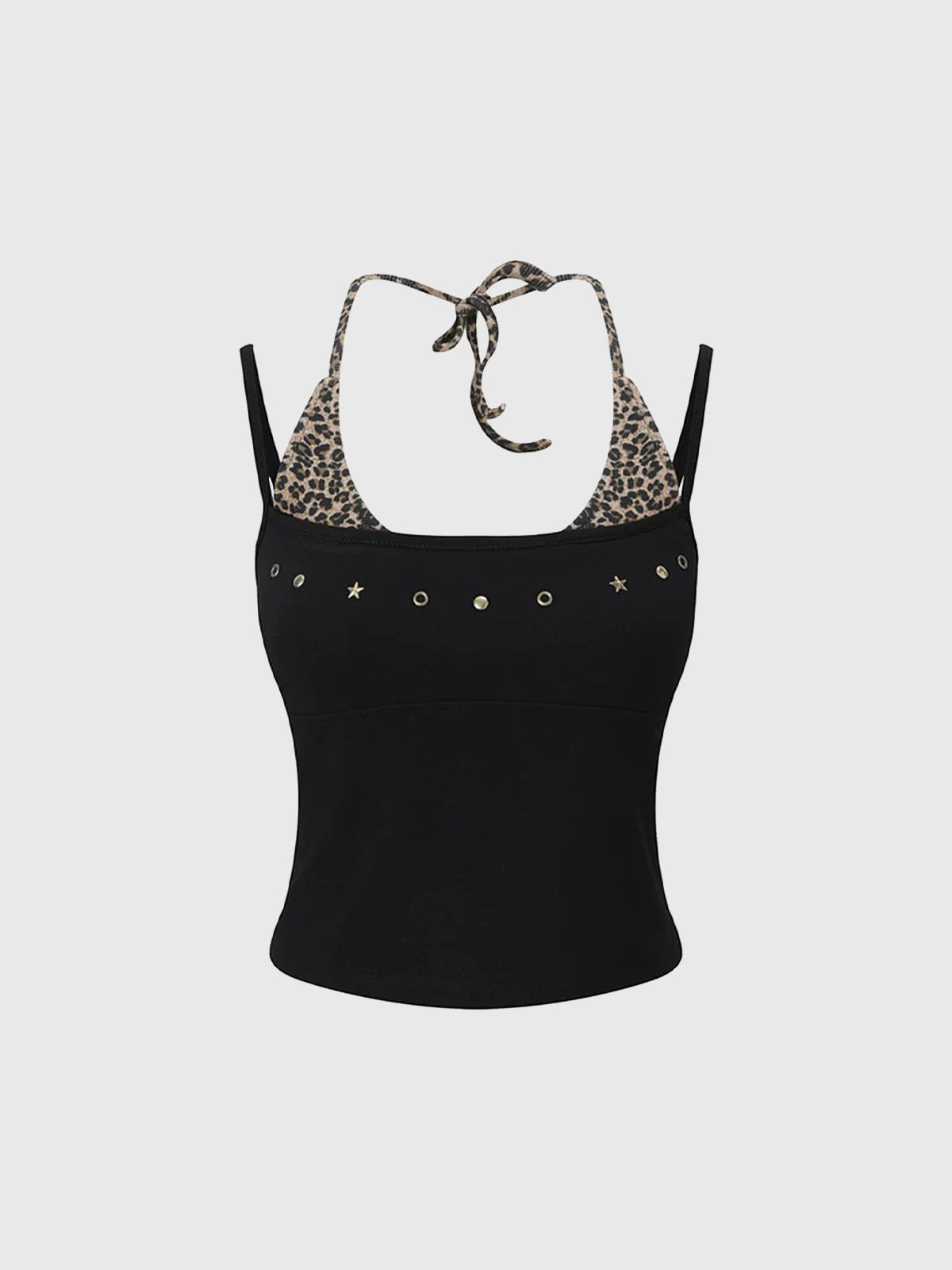 Brick Lane Layered-look Star Leopard Print Halter Tank - Black