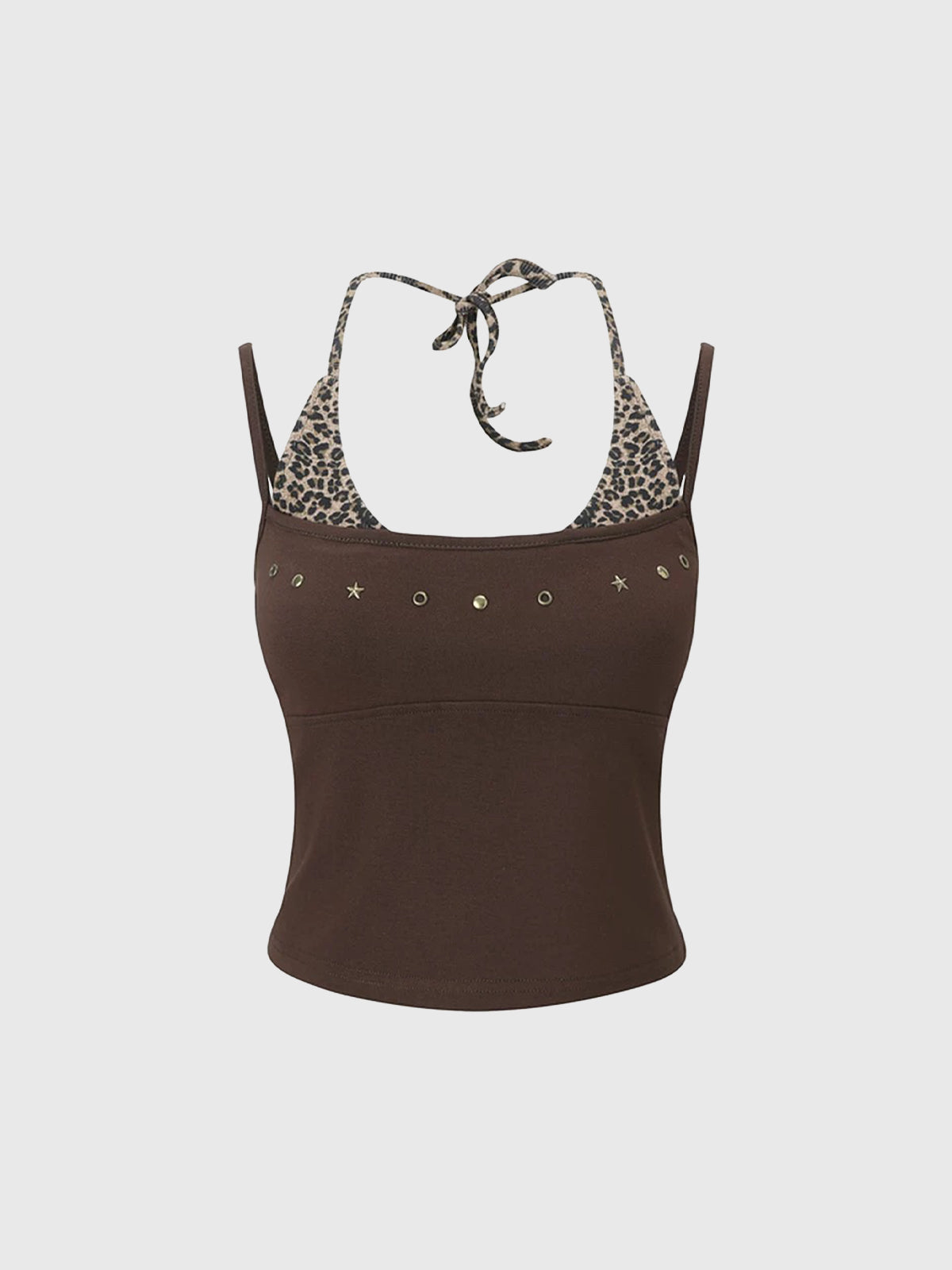 Brick Lane Layered-look Star Leopard Print Halter Tank - Coffee
