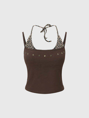 Brick Lane Layered-look Star Leopard Print Halter Tank - Coffee