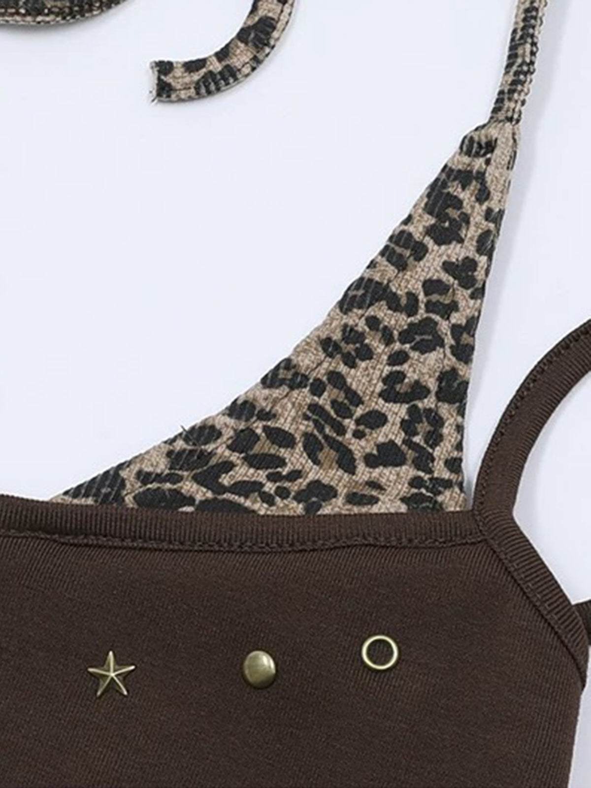 Brick Lane Layered-look Star Leopard Print Halter Tank - Coffee